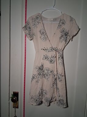 Lush Cream Floral Wrap Dress with Black Print